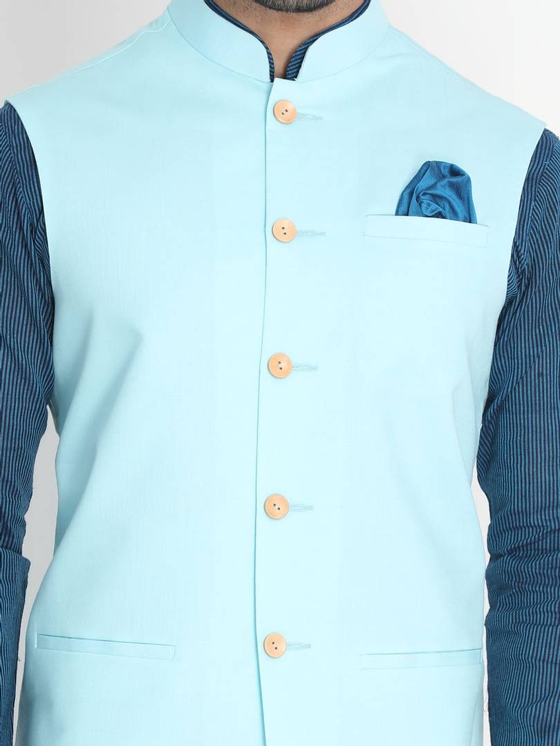 Men's Turquoise Cotton
 Solid
 Nehru Jackets